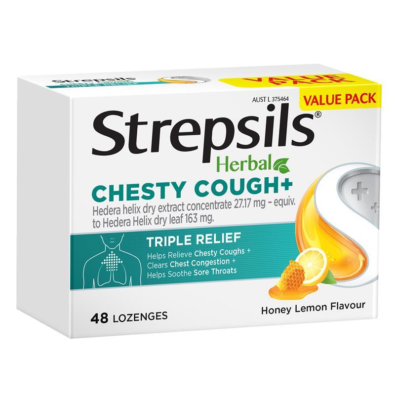 Strepsils Herbal Chesty Cough+ Lozenges Honey Lemon 48 Pack