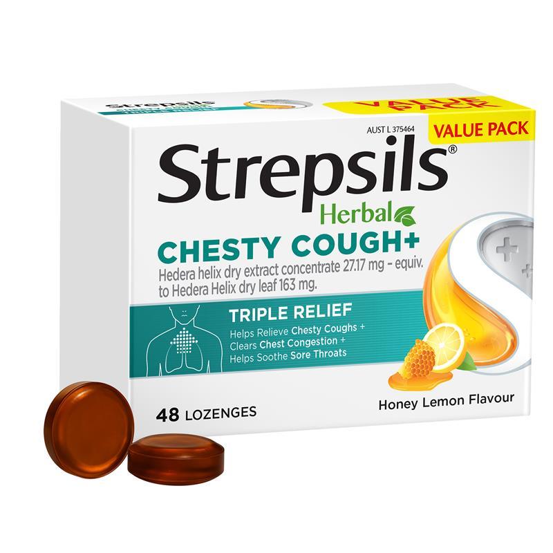 Strepsils Herbal Chesty Cough+ Lozenges Honey Lemon 48 Pack