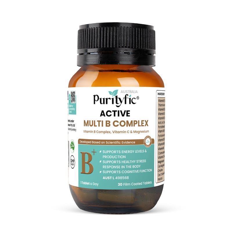Purityfic Active Multi B Complex (30 Film Coated Tablets) - Energy Booster, Stress Relief & Vitamin B Support 1Bottle