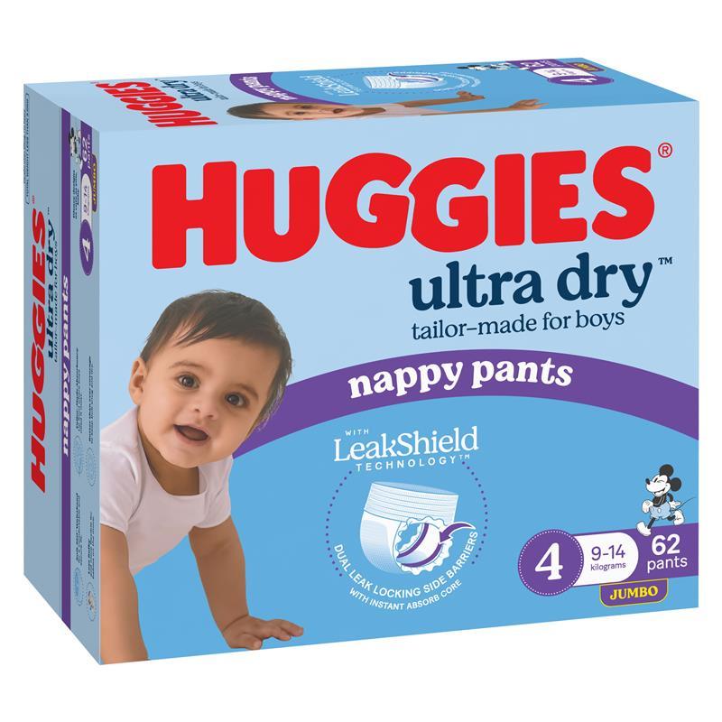 Huggies Ultra Dry Nappy Pants Boys Size 4 (9-14kg) 62 Pack