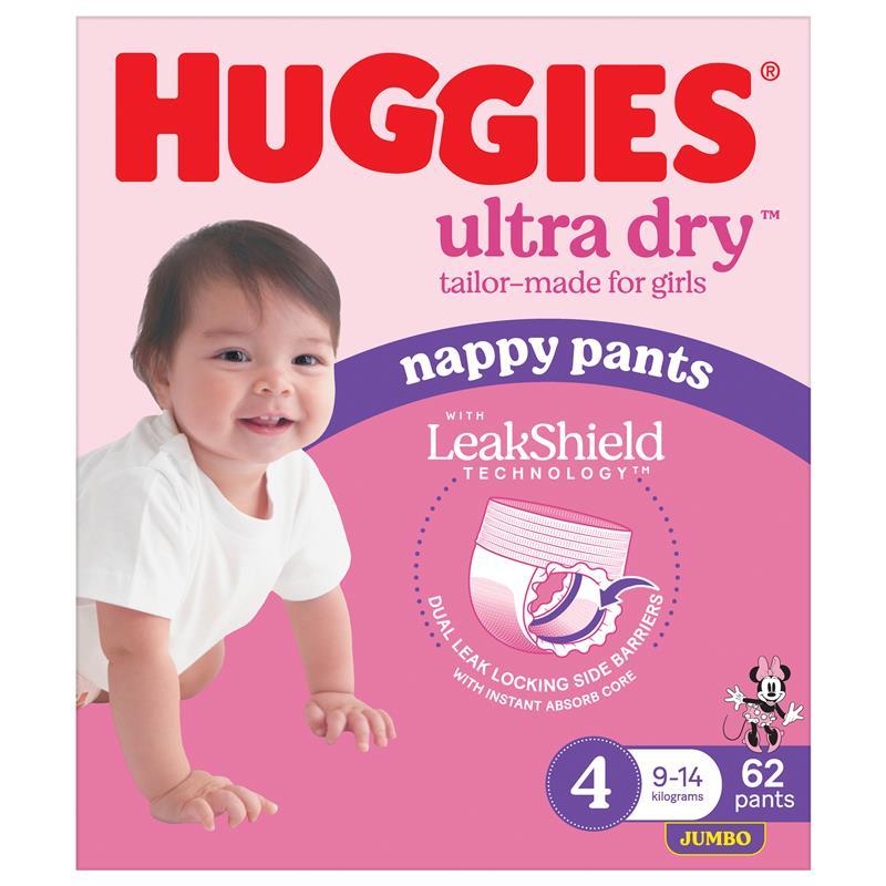 Huggies Ultra Dry Nappy Pants Girls Size 4 (9-14kg) 62 Pack