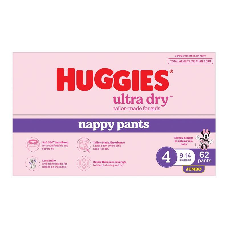Huggies Ultra Dry Nappy Pants Girls Size 4 (9-14kg) 62 Pack
