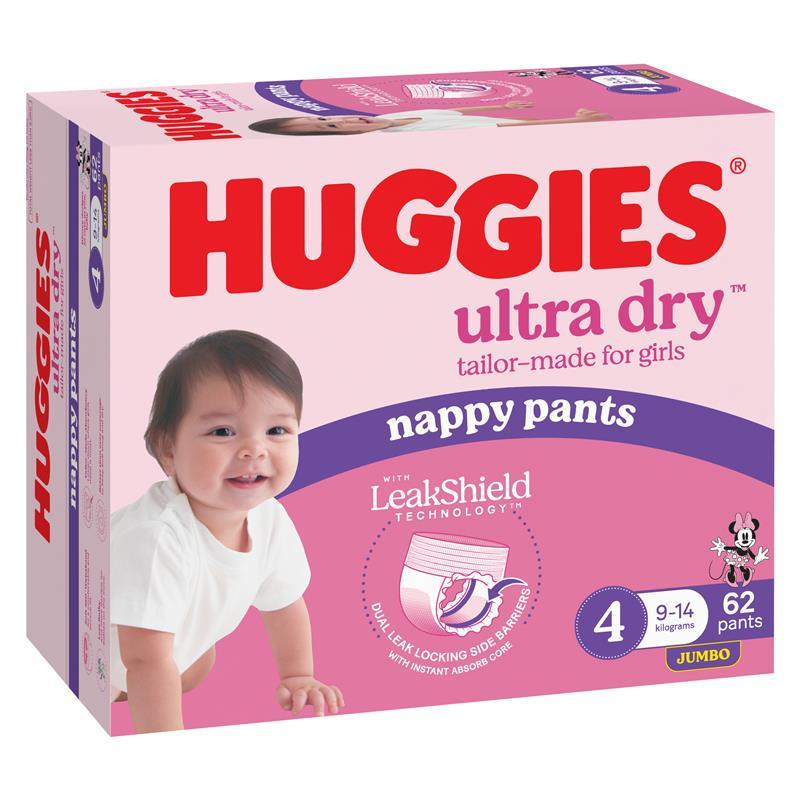 Huggies Ultra Dry Nappy Pants Girls Size 4 (9-14kg) 62 Pack