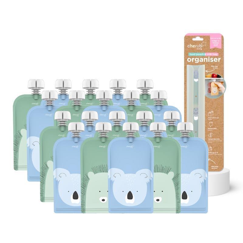 Cherub Baby Reusable Food Pouches 120ml Cerulean & Sage & Pouch Organiser Bundle