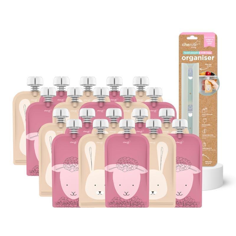 Cherub Baby Reusable Food Pouches 120ml Dusty Rose & Sand & Pouch Organiser Bundle