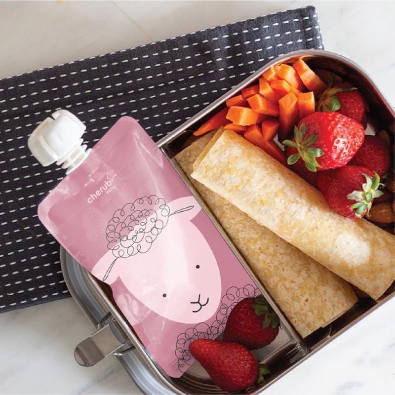 Cherub Baby Reusable Food Pouches 120ml Dusty Rose & Sand & Pouch Organiser Bundle