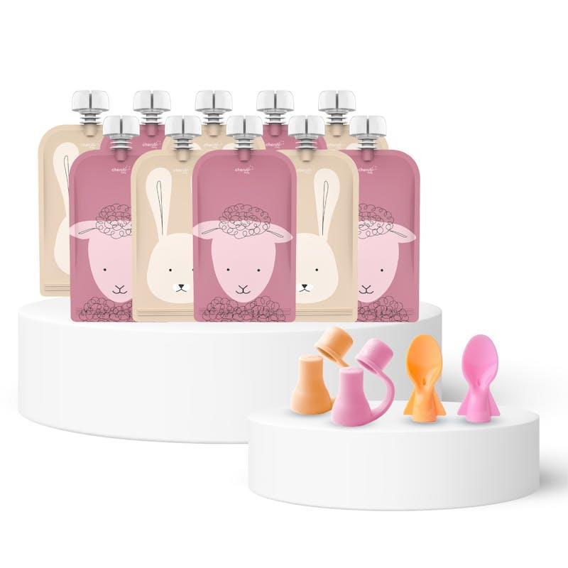 Cherub Baby Reusable Food Pouches 120ml+Food Pouch Spoons & Spouts Animal Dusty Rose Sand Bundle