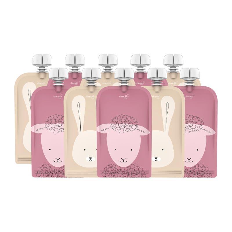 Cherub Baby Reusable Food Pouches 120ml+Food Pouch Spoons & Spouts Animal Dusty Rose Sand Bundle