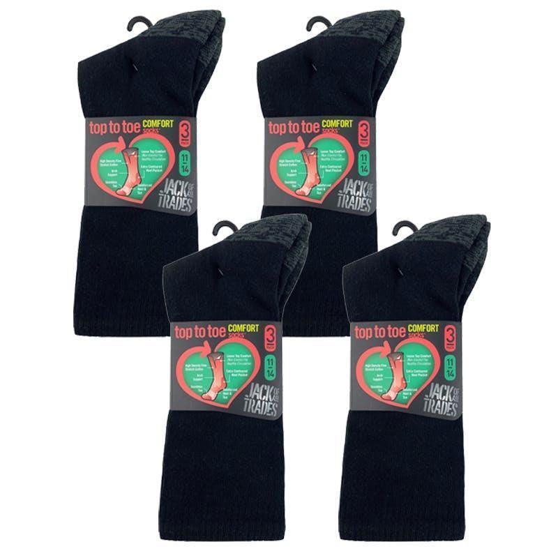 Jack of All Trades 12 Pairs of Men's Top to Toe Comfort Socks - Black Size 11-14