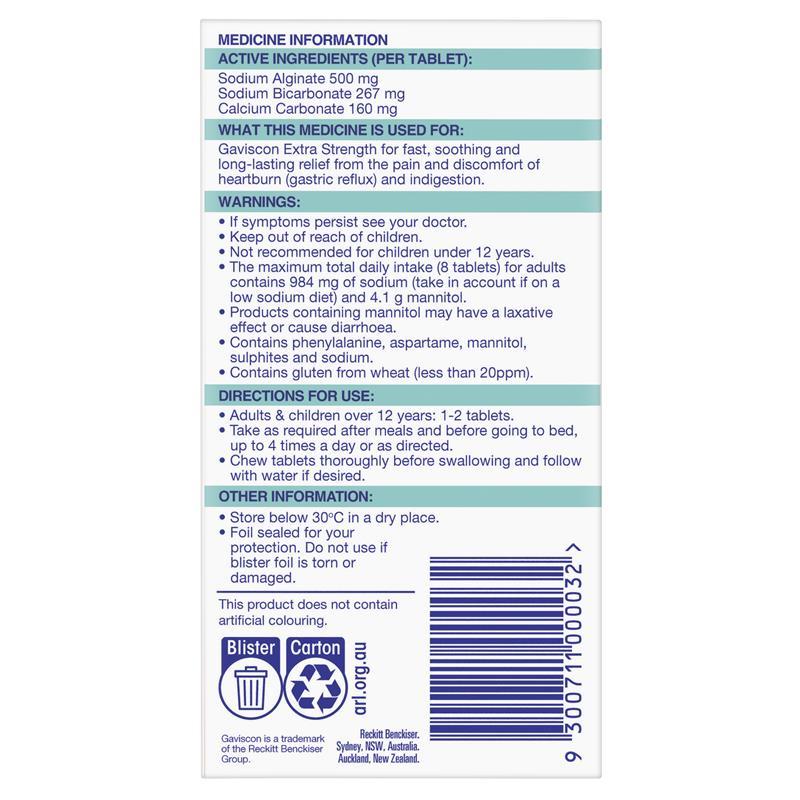 Gaviscon Extra Strength Peppermint Flavour 48 Tablets