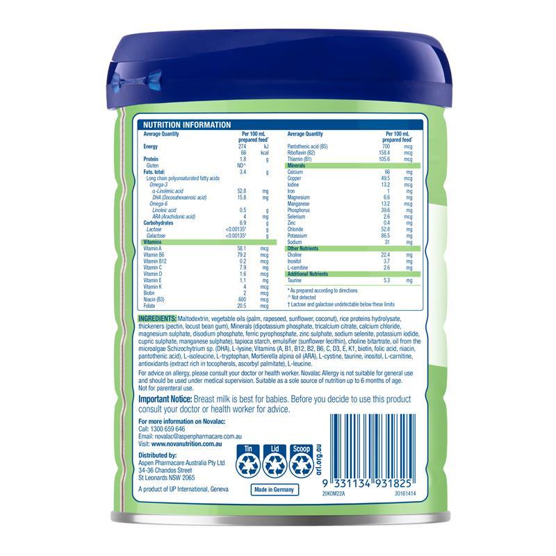 Novalac Allergy Rice Based Infant Formula 0-12 Months 800g New Formula