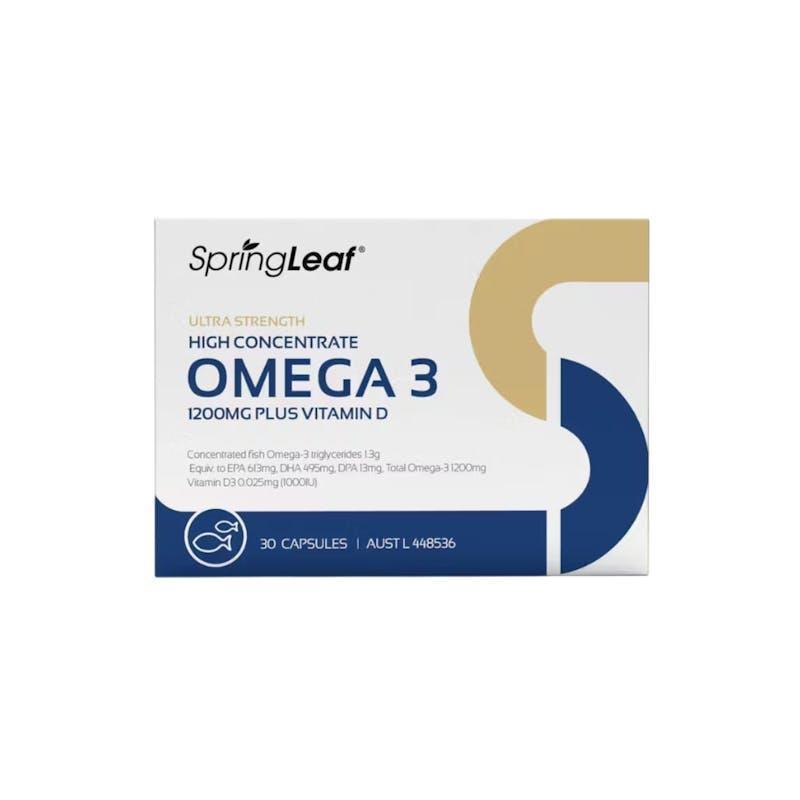 SpringLeaf Ultra-Strength High Concentrate Omega 3 1200mg Plus Vitamin D 30 Softgels