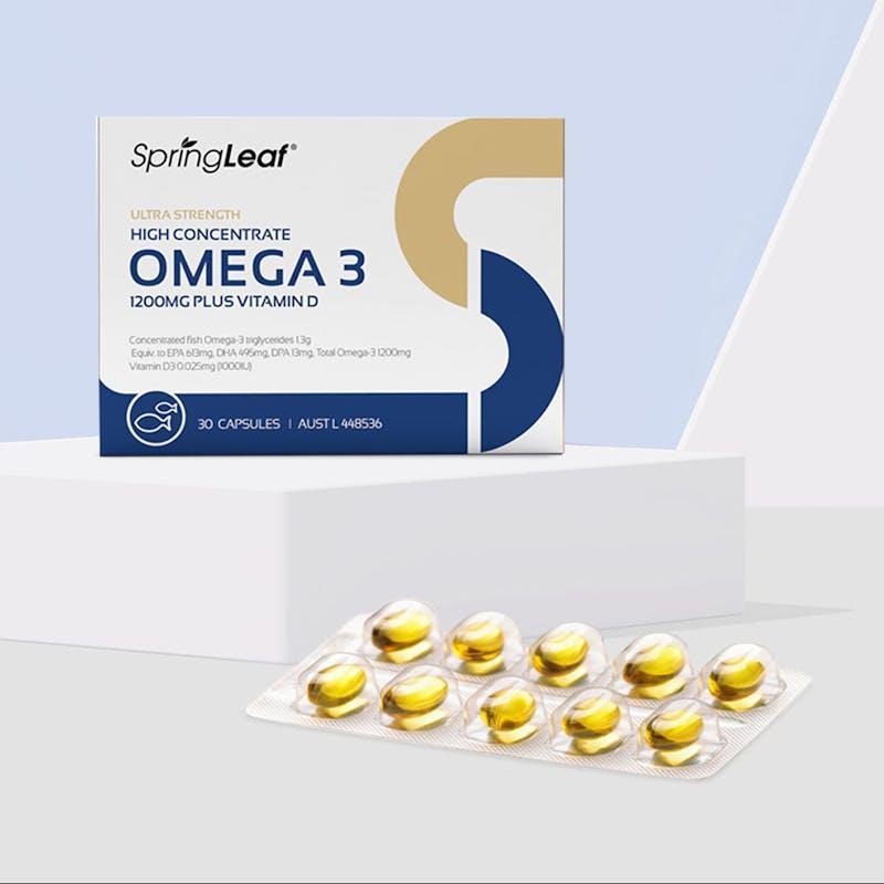 SpringLeaf Ultra-Strength High Concentrate Omega 3 1200mg Plus Vitamin D 30 Softgels