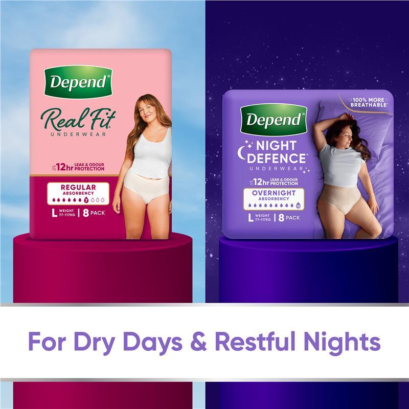 Depend Night Defence Incontinence Underwear for Women Medium 8 Pack