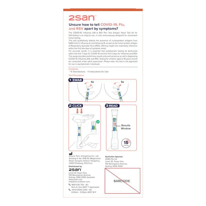 2San Pen COVID-19, Flu A/B, RSV Rapid Antigen Test 5 Pack