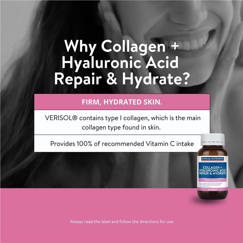 Ethical Nutrients Collagen Hyaluronic Acid Repair & Hydrate 60 Tablets
