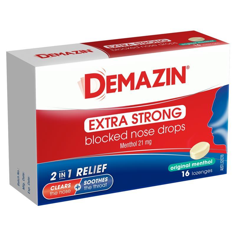 Demazin Extra Strong Blocked Nose Drops Menthol 16 Lozenges