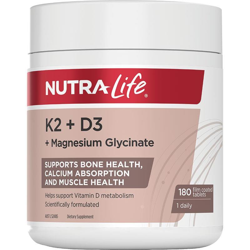 Nutra-Life K2+D3+ Magnesium Glycinate 180 Tablets Exclusive Size