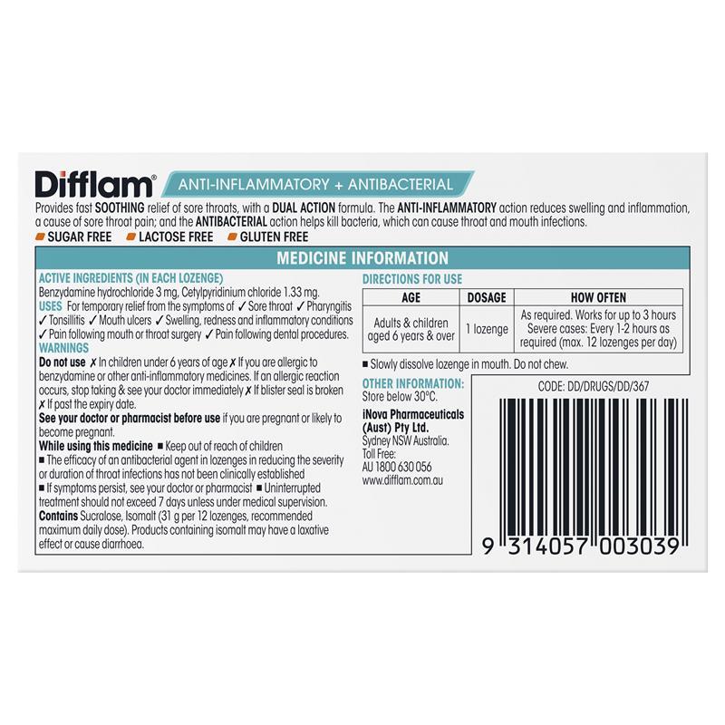 Difflam Sore Throat Sugar Free Orange 16 Lozenges