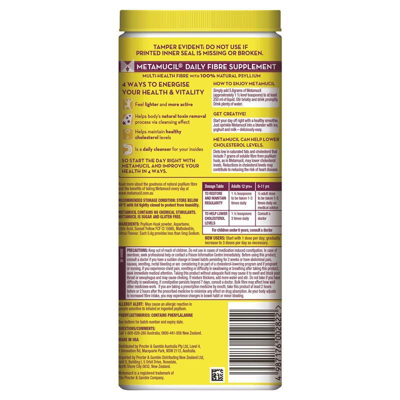 Metamucil Fibre Supplement Smooth Texture Lemon-Lime Flavour 72 doses 425g