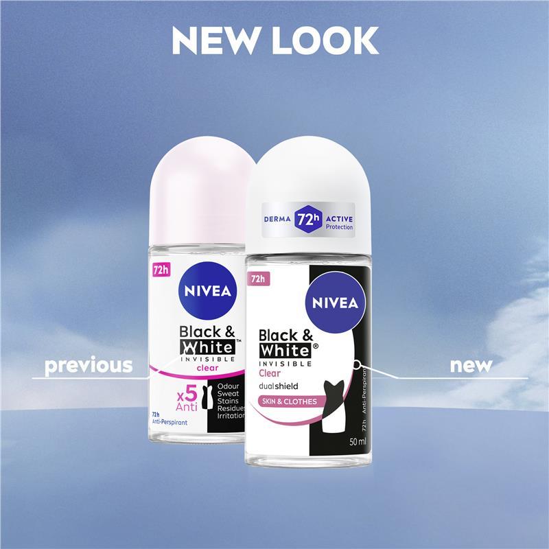 NIVEA Black & White Invisible Clear Roll On Deodorant 72H Protection 50ml