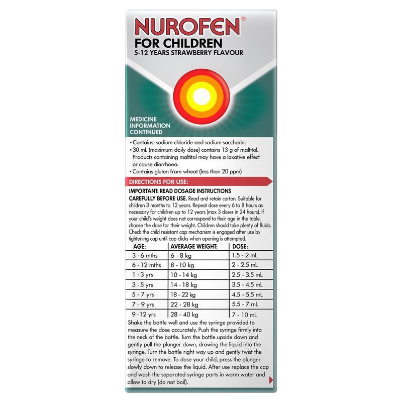 Nurofen For Children 5-12yrs Pain and Fever Relief Concentrated Liquid 200mg/5mL Ibuprofen Strawberry 200mL