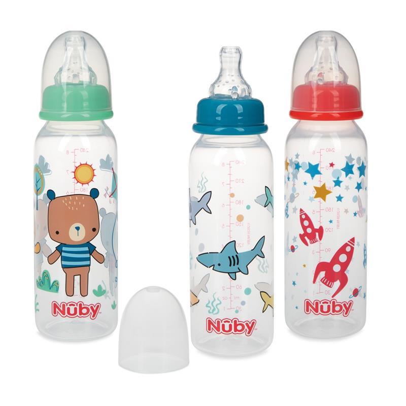Nuby Printed Non Drip Feeding Bottles 240ml 0+ Months 3 Pack