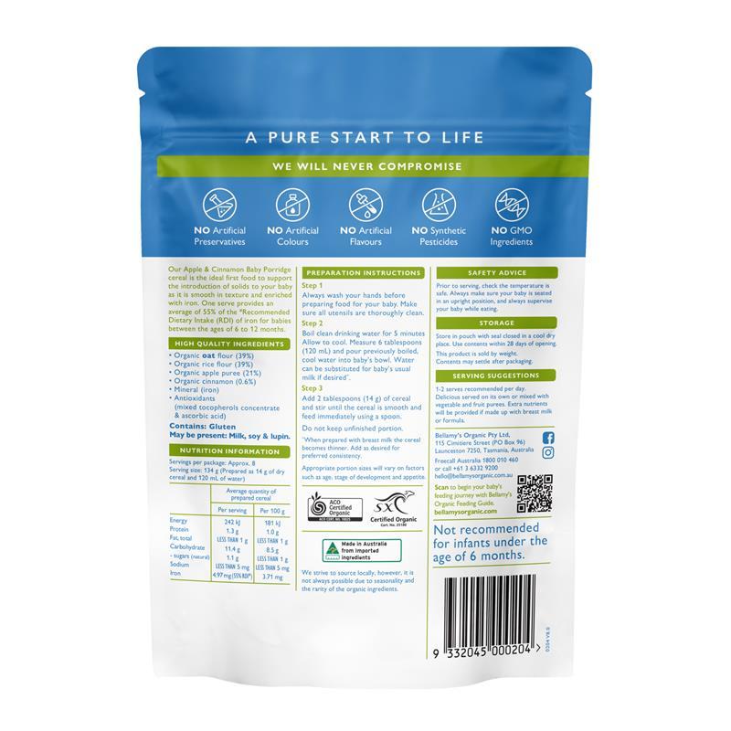 Bellamy's Organic Apple Cinnamon Baby Porridge 125g