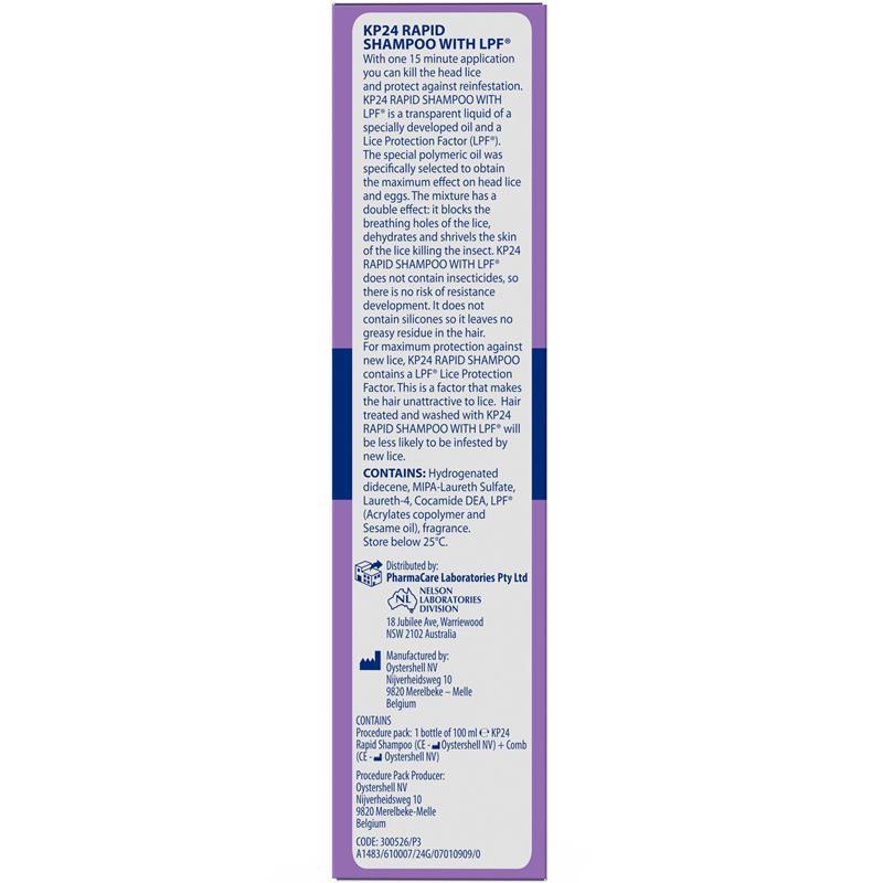 KP24 Rapid 15 Minute Head Lice/Nit Shampoo with Lice Protection Factor 100ml with Comb
