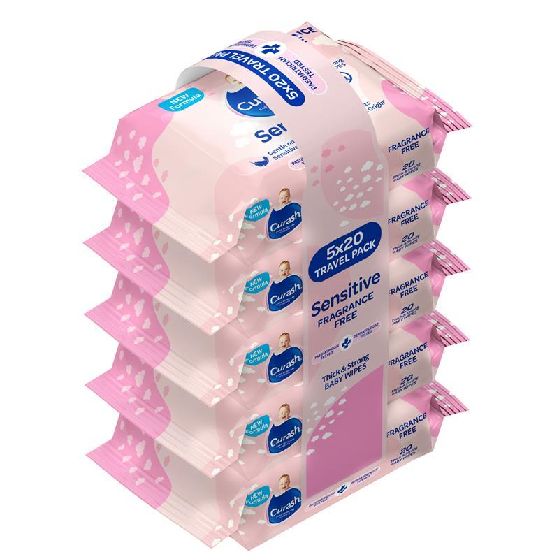 Curash Baby Sensitive Travel Wipes 5 x 20 Pack