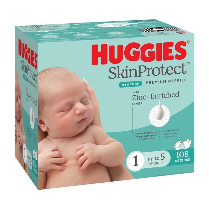 Huggies Skin Protect Newborn Nappies Size 1 (Up to 5kg) 108 Pack