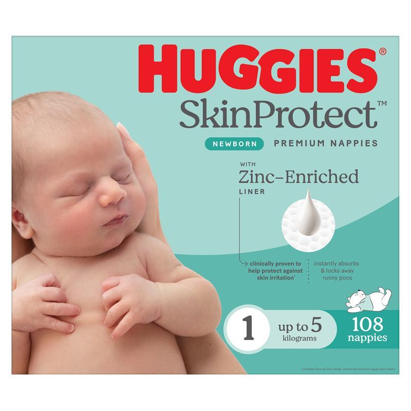 Huggies Skin Protect Newborn Nappies Size 1 (Up to 5kg) 108 Pack