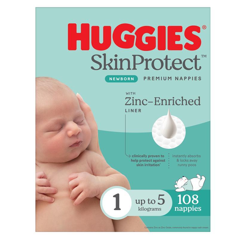 Huggies Skin Protect Newborn Nappies Size 1 (Up to 5kg) 108 Pack