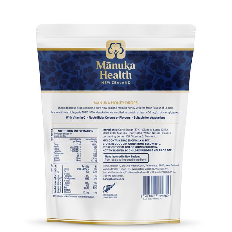 Manuka Health Manuka Honey Drops Lemon Pouch 58 Drops 250g